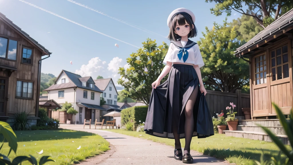 (masterpiece), town, blue sky, One Girl, smile, alone, Sailor suit、Long skirt, Overgrown, petal, plant、Skirt lining、Translucent slip、nostalgic、Black Pantyhose
