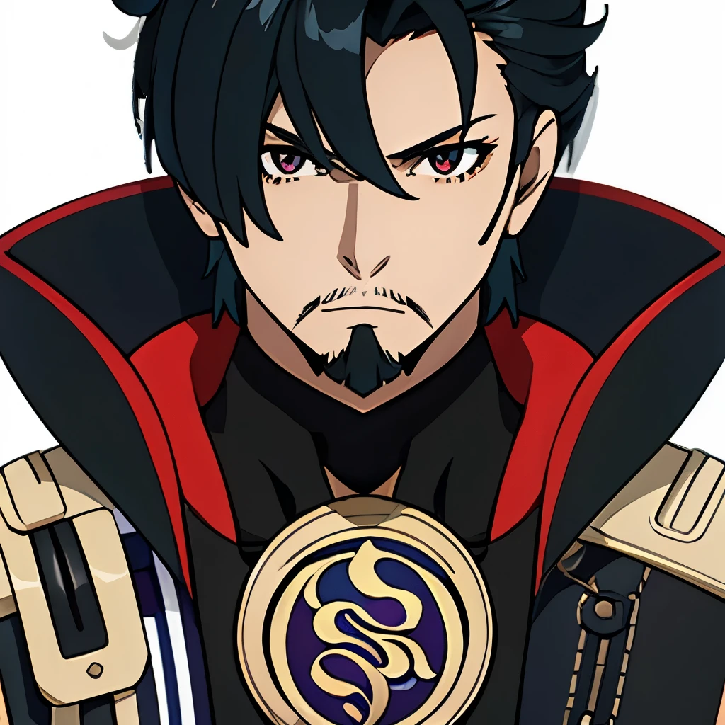 Full HD, best resolution, detalhes perfeitos, simply white background, impacto genshin muscular male character, unique character, Serious appearance, black suite, , wavy black hair, smoothing for behind, goatee, visual novel, detailed black armor, high qualiy, cinematic, dramatic pose, details Intricate, swirly vibrant colors, work of art, impacto genshin, purple jewel on a golden coat of arms