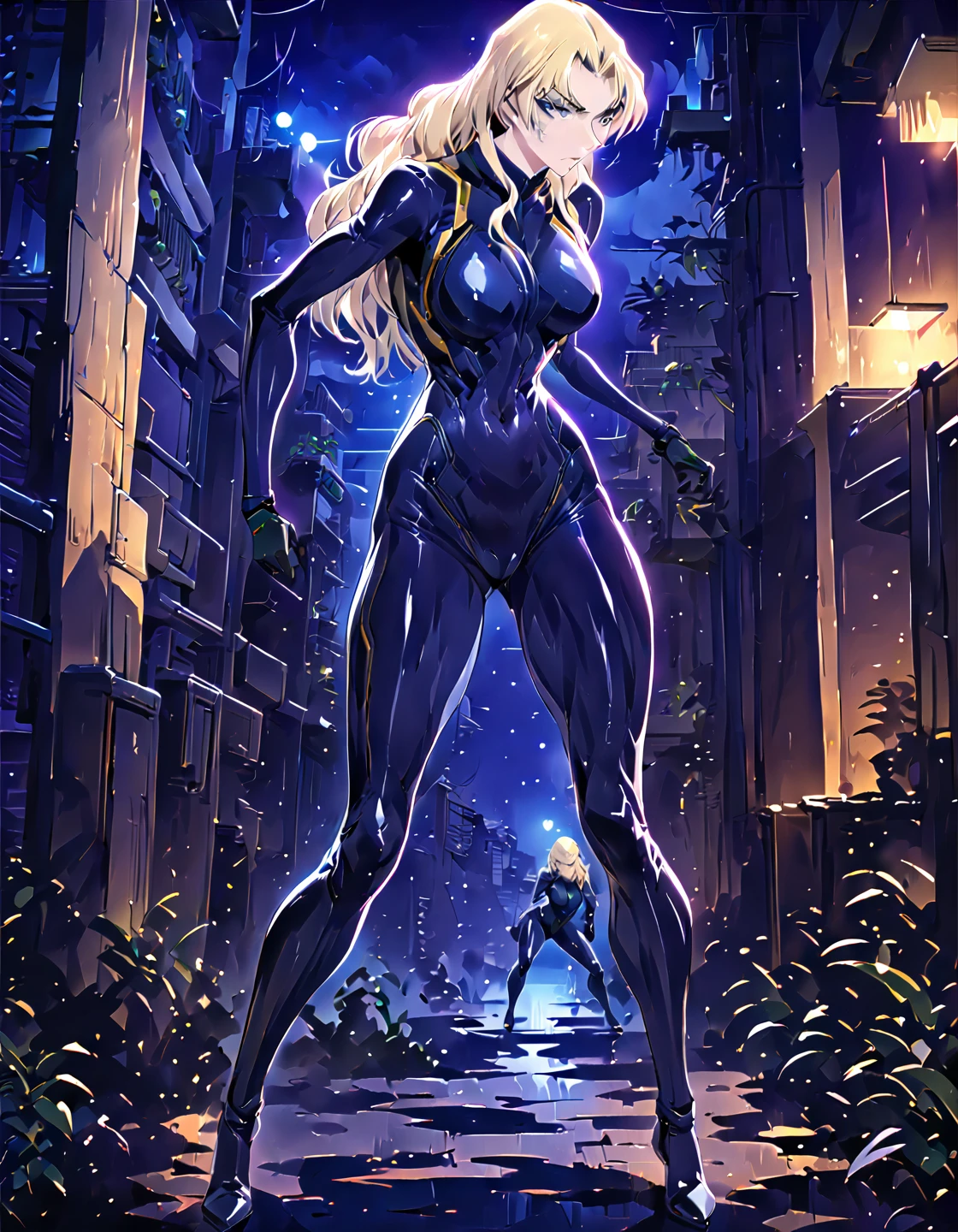 (masterpiece, best quality:1.4),high resolution,Anime style,(Beautiful blonde hair woman,full body, blonde female agent, tight combat suit, *** posture, mysterious atmosphere, night action, perfect figure:1.3),