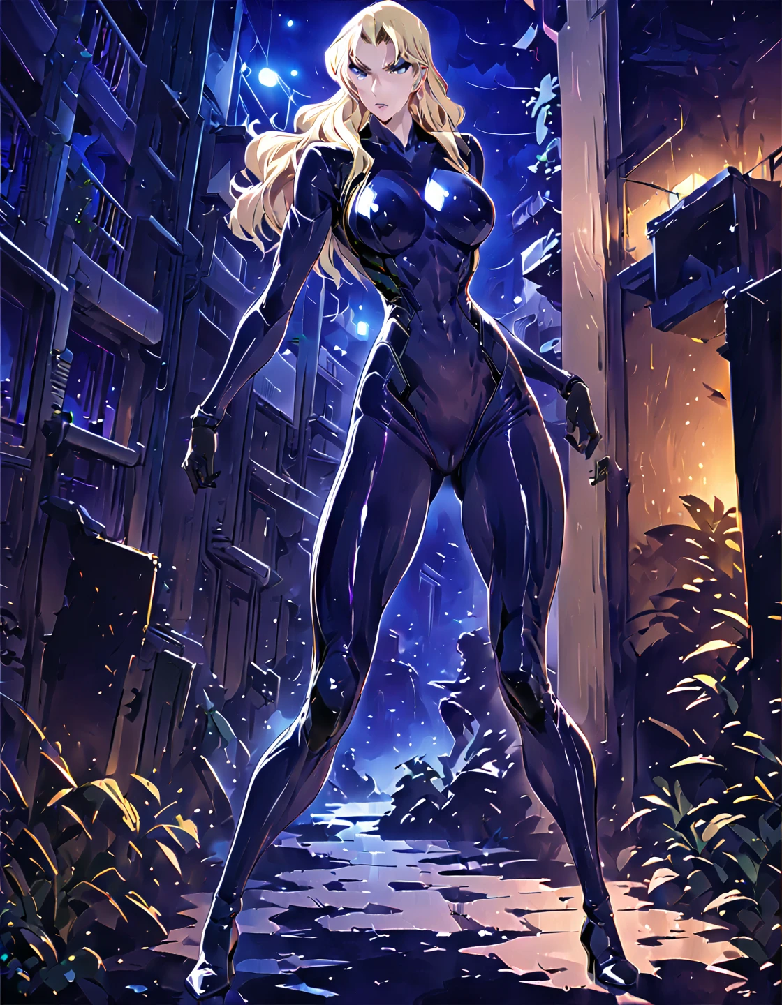 (masterpiece, best quality:1.4),high resolution,Anime style,(Beautiful blonde hair woman,full body, blonde female agent, tight combat suit, *** posture, mysterious atmosphere, night action, perfect figure:1.3),