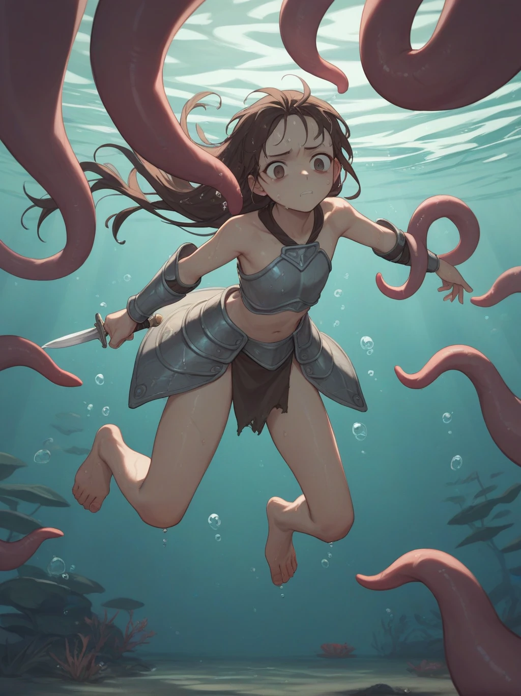 partially underwater,最high quality,high quality, , Long Hair, Brown Hair, Wet Hair, Flat Chest,Dark Underground Labyrinth,No light,Cloth armor,Equipped with a dagger and a shield,Face above water,Corpses in the water, Underwater Photography,The lobe rolls up due to buoyancy.,Painful face、My feet are being pulled by tentacles、Being dragged into the water、rampage