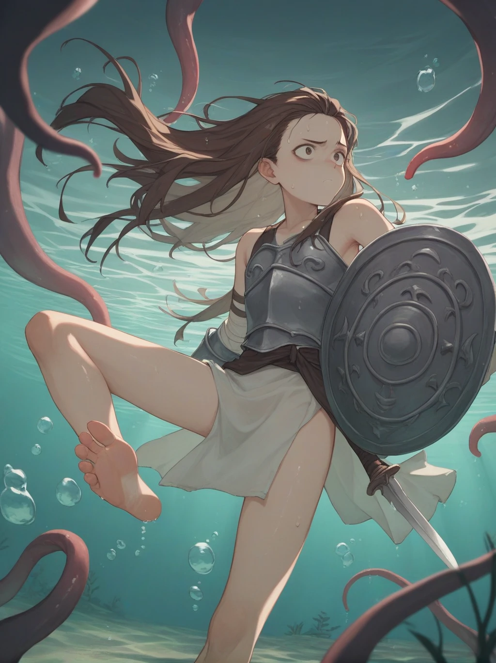 partially underwater,最high quality,high quality, , Long Hair, Brown Hair, Wet Hair, Flat Chest,Dark Underground Labyrinth,No light,Cloth armor,Equipped with a dagger and a shield,Face above water,Corpses in the water, Underwater Photography,The lobe rolls up due to buoyancy.,Painful face、My feet are being pulled by tentacles、Being dragged into the water、rampage