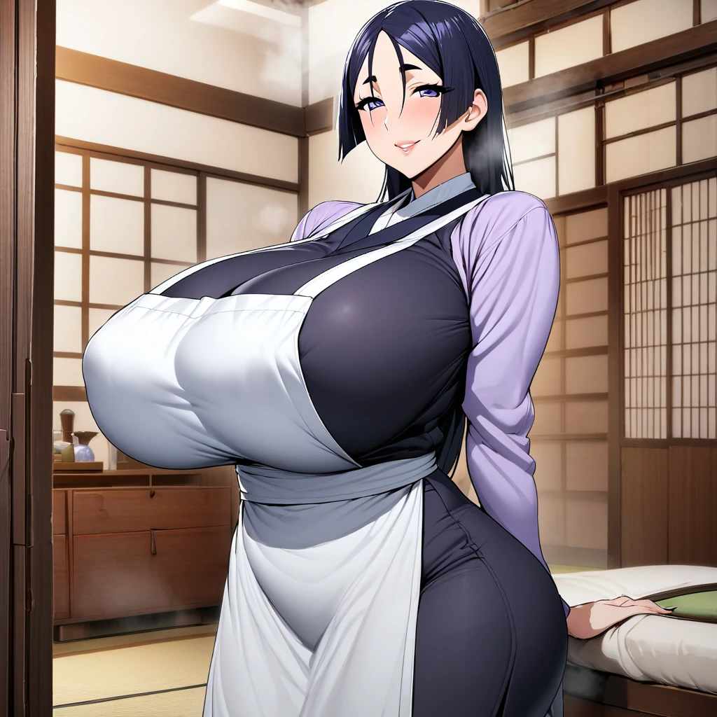 minamoto no raikou,1girl,solo,Mature Women,gigantic huge breasts,slender,apron,breath,amorous glance,looking at viewer,smile,near,standing up,Japanese house,in room,perfect,high quality,faultless,