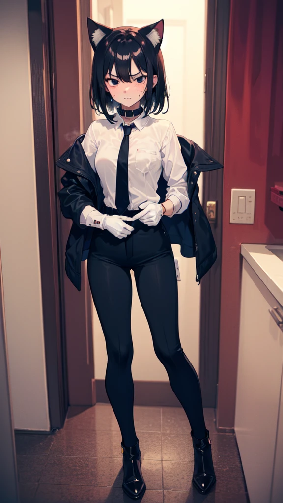 18-year-old girl，cute，Wear a white long-sleeved shirt and a black jacket and a black work tie，Wear black trousers，Wear black booties，Wear white gloves，wear cat ear，Wearing a collar，Black hair，Black eyes，Very thin waist，Very thin legs，Handsome，Disdainful and cold expression，shy，blush，scared，Sweating，tired，pornography，porn action
