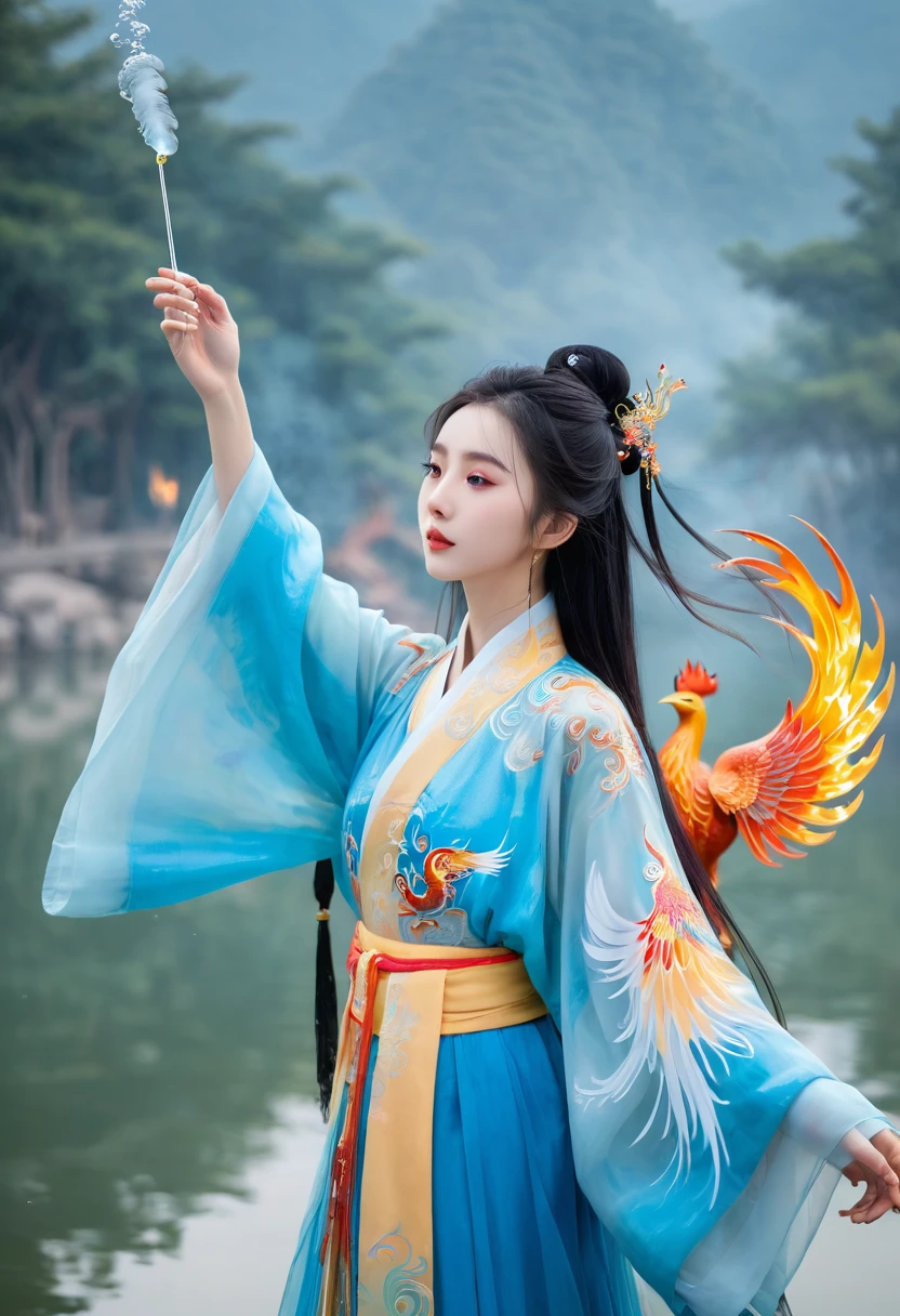 A beautiful Chinese girl standing on the water, Hazy reflection, A huge phoenix bird in the sky, magic, fantasy, Dynamic poses, Made of colorful flames, Delicate face, Exquisite eyes, Long black and blonde hair, Wearing amber and sky blue Hanfu, Exquisite and complex patterns, Ink Painting, Hot stamping, Epic Composition, Soft shadows, Sharp focus, photography, Central Composition, poster design, 胶片photography, panoramic, 32K --v 6