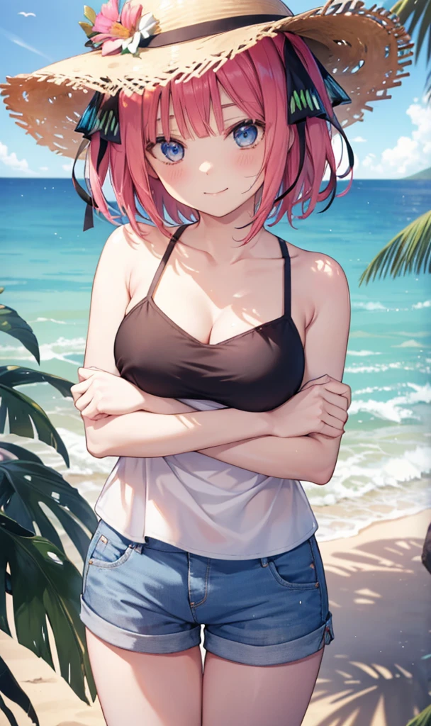 Nino Nakano is a character that appears in the anime "The Quintessential Quintuplets" 「The background is a sunny day at the sandy beach...」The eyes of this character are blue. My hairstyle is a bob cut with shockingpink color. This character is wearing a butterfly hair accessory. Please focus on this character. This character has a very lovely smile.high Quality. .. masterpiece,best quality,ultra detailed, My breast size is D cup. The background is a sunny day at the sandy beach. This character is wearing short pants and a camisole top. The short pants are black and the camisole top is a light blue color. Additionally, a glimpse of cleavage can be seen.
I am wearing a straw hat and crossing my arms behind my back.