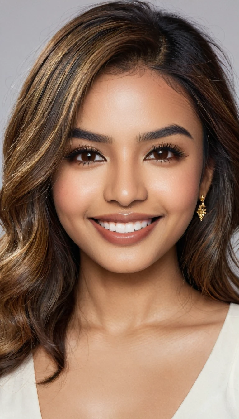 22 year old South Asian Latina woman with honey brown almond-shaped eyes, long dark lashes framing those eyes, and a warm inviting smile revealing perfect white teeth. Her wheatish skin has a dark brown undertone. Healthy neck-length straight brown hair with golden highlights cascading down the ends, styled in a loose, voluminous wave. High cheekbones and a defined jawline frame her face, accentuated by natural day lighting illuminating her face and shoulders. Her slim figure is curvaceous with a slight hourglass shape, emphasizing her natural beauty.