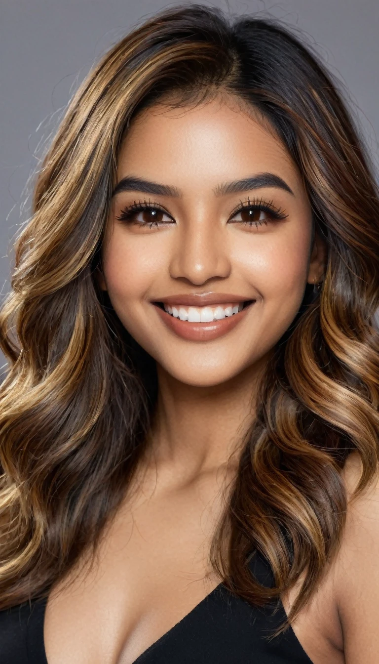 22 year old South Asian Latina woman with honey brown almond-shaped eyes, long dark lashes framing those eyes, and a warm inviting smile revealing perfect white teeth. Her wheatish skin has a dark brown undertone. Healthy neck-length straight brown hair with golden highlights cascading down the ends, styled in a loose, voluminous wave. High cheekbones and a defined jawline frame her face, accentuated by natural day lighting illuminating her face and shoulders. Her slim figure is curvaceous with a slight hourglass shape, emphasizing her natural beauty.