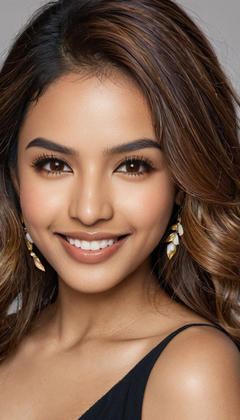 22 year old South Asian Latina woman with honey brown almond-shaped eyes, long dark lashes framing those eyes, and a warm inviting smile revealing perfect white teeth. Her wheatish skin has a dark brown undertone. Healthy neck-length straight brown hair with golden highlights cascading down the ends, styled in a loose, voluminous wave. High cheekbones and a defined jawline frame her face, accentuated by natural day lighting illuminating her face and shoulders. Her slim figure is curvaceous with a slight hourglass shape, emphasizing her natural beauty.