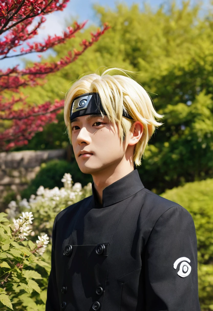 (absurdres, highres, ultra detailed), (cinematic), (UHD), solo, 1man, mature, happy, upper body, blonde short hair, fantasy, spring, garden, closed mouth, (cinematic, best quality, UHD), ((official art)), ((pop art))profile, simple hut, detailed face, (extremely detailed eyes), naruto uzumaki, ((nobility)), (((prince black attire))), emperor, duke, (((((solo)))))
