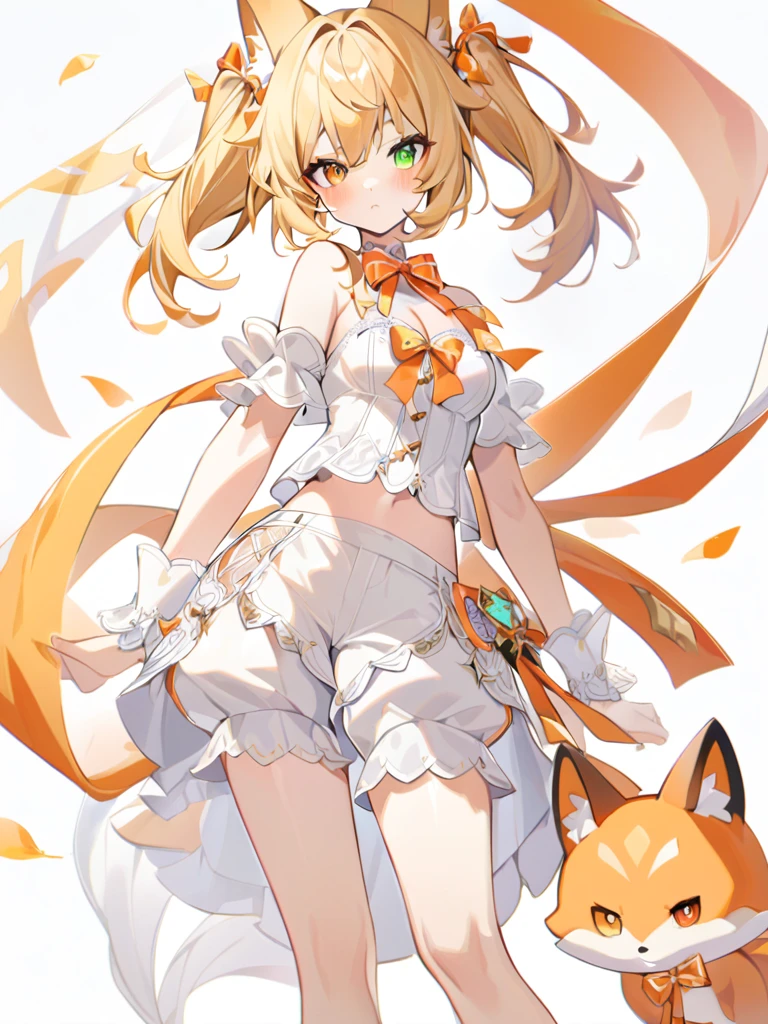 1girl, The fox girl,bangs, bare shoulders, blonde hair, blush, bow, breasts, white cleavage, cropped torso, , green eyes, hair ribbon, heterochromia, stlooking at viewer, , orange bow, orange eyes, orange ribbon, stuffed toy, twintails, upper body, full-length, white legbands, white shoes with lace and white bows, white background, wrist cuffs, yellow eyes, bloomers, close-up, fair skin frills, lace, midriff, skirt, solo, , white background,shorts, white top with ribbon and lace and trousers,trousers, genshin,white slippers with a bow,All clothes are white, laceAt full height, it stands, в полный рост