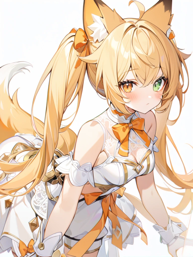 1girl, The fox girl,bangs, bare shoulders, blonde hair, blush, bow, breasts, white cleavage, cropped torso, , green eyes, hair ribbon, heterochromia,  stlooking at viewer, , orange bow, orange eyes, orange ribbon,  stuffed toy, twintails, upper body, full-length, white legbands, white shoes with lace and white bows, white background, wrist cuffs, yellow eyes, bloomers, close-up, fair skin frills, lace, midriff, skirt, solo, , white background,shorts, white top with ribbon and lace and trousers,trousers, genshin,white slippers with a bow,All clothes are white, laceAt full height, it stands, в полный рост