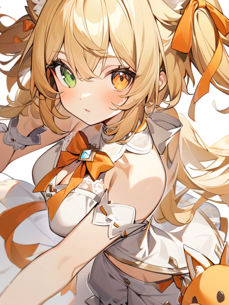 1girl, The fox girl,bangs, bare shoulders, blonde hair, blush, bow, breasts, white cleavage, cropped torso, , green eyes, hair ribbon, heterochromia, stlooking at viewer, , orange bow, orange eyes, orange ribbon, stuffed toy, twintails, upper body, full-length, white legbands, white shoes with lace and white bows, white background, wrist cuffs, yellow eyes, bloomers, close-up, fair skin frills, lace, midriff, skirt, solo, , white background,shorts, white top with ribbon and lace and trousers,trousers, genshin,white slippers with a bow,All clothes are white, laceAt full height, it stands, в полный рост