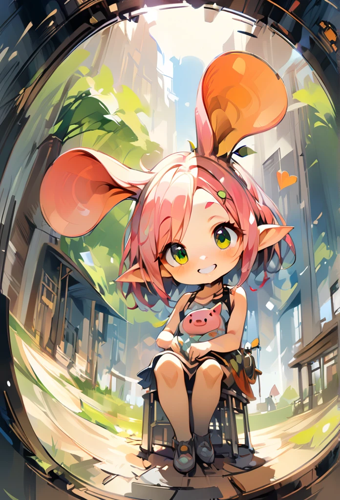 Masterpiece Illustration, high quality, high resolution 16k, a painting of a dady pig with a smile on it's face,Looking at the camera, (fisheye camera ) zhibi, funy cartoon, computer graphics, oil painting, little pig With big ears sitting on a Sunny meadow, Smooth skin, trend in Art Station, playful smile, 🍁 cute, inspired by Ruben Tam, very cute facial features, , small in size, long pointed ears, artistic style, oil and watercolor painting