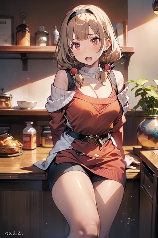 masterpiece, yor, 1girl, Amazing Cleavage:1.3, thin waist, big ass, Raised sexy, medium breast: 1.8 posed cleavage:1.2、solo, looking at viewer, open mouth, have a cup of coffee,black hair, red eyes, dress, bare shoulders, jewelry, collarbone, sidelocks, hairband, earrings, indoors, off shoulder, :o, sweater, arms behind back, plant, short hair with long locks, white hairband, off-shoulder dress, sweater dress, off-shoulder sweater, red sweater, big side hair, very long side hair,is rendered in (masterpiece: 1.2, best quality), with (ultra high resolution) and an exquisite (depth of field). This masterpiece is not only visually stunning but also tells, teach of cooking ,in the kitchen