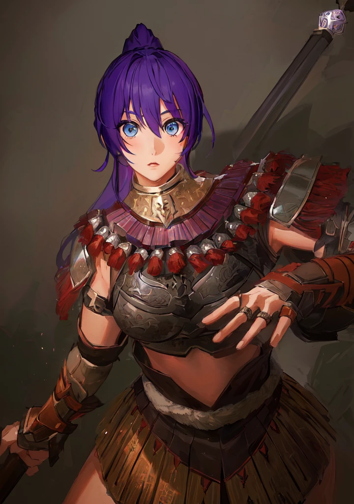 Anime style image of a woman with purple hair and a spear, Wearing Hunter armor, Armor Girl, wearing monster hunter armor, A very beautiful berserker woman, wearing dark epic rpg portrait, Wearing a shining breastplate, Portrait Ninja Gaiden Girl, With scaly armor, Purple Armor，Dark skin，Black Leather，Good shape，Huge breasts，Three Kingdoms志。Three Kingdoms无双，Three Kingdoms，antiquity，Chinese style，Female generals，Blue Eyes，A little cute