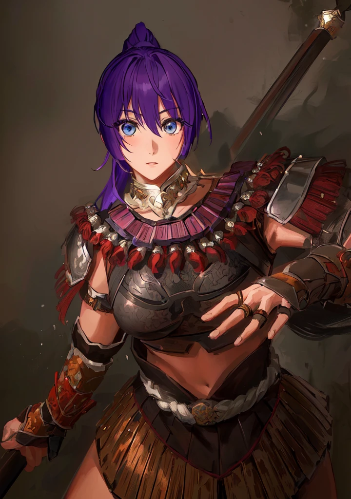 Anime style image of a woman with purple hair and a spear, Wearing Hunter armor, Armor Girl, wearing monster hunter armor, A very beautiful berserker woman, wearing dark epic rpg portrait, Wearing a shining breastplate, Portrait Ninja Gaiden Girl, With scaly armor, Purple Armor,Dark skin,Black Leather,Good shape,Huge breasts,Three Kingdoms志。Three Kingdoms无双,Three Kingdoms,antiquity,Chinese style,Female generals,Blue Eyes,A little cute