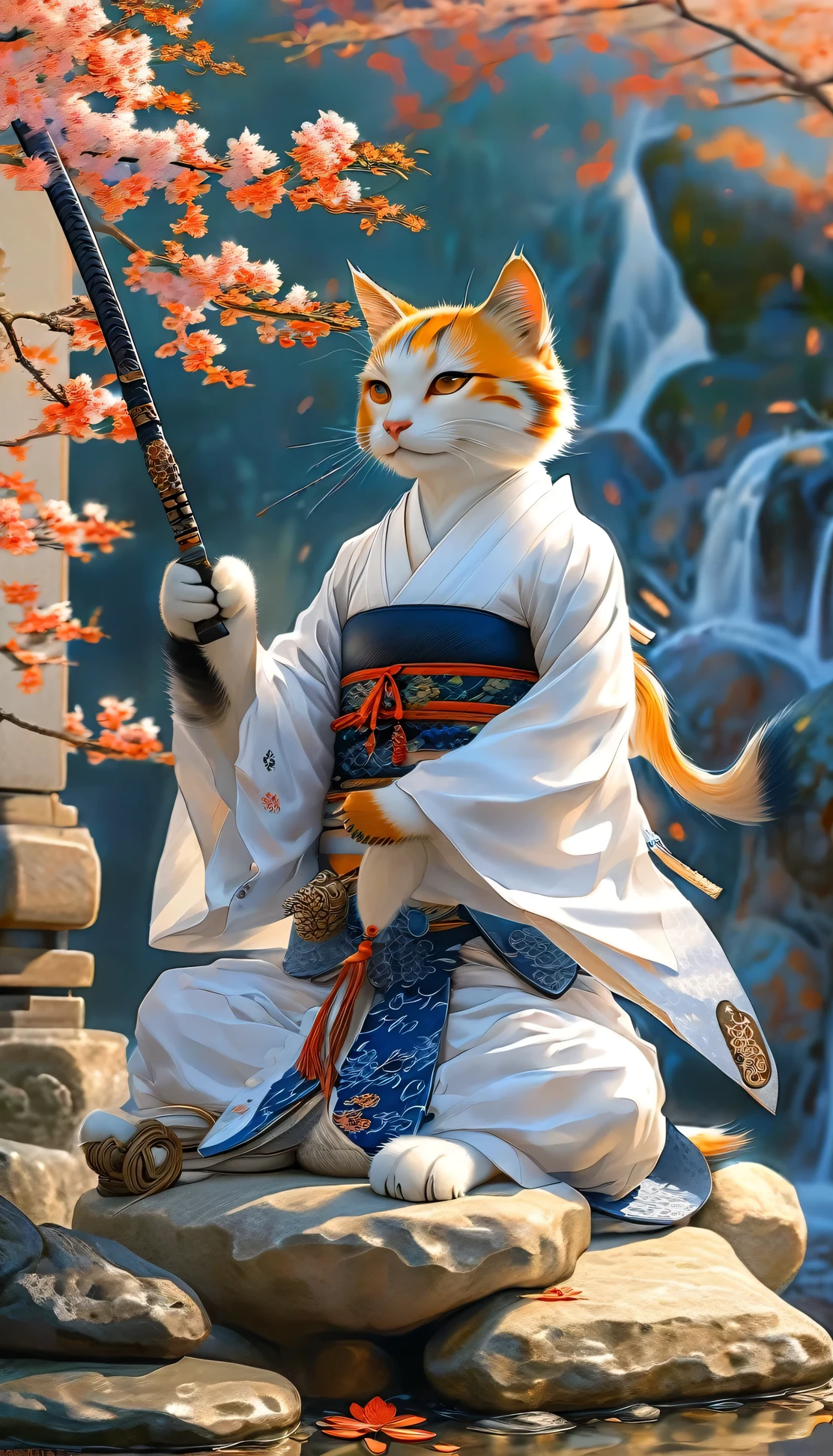 A picture of a cat wearing a kimono, sitting on a stone, warrior cat, Anthropomorphic cat ninja, feudal japan art, holding a naginata, Inspired by Koson Ohara, Tabaqui the Monk, Very very beautiful furry art, The fox and the bush, warrior, Japanese art style