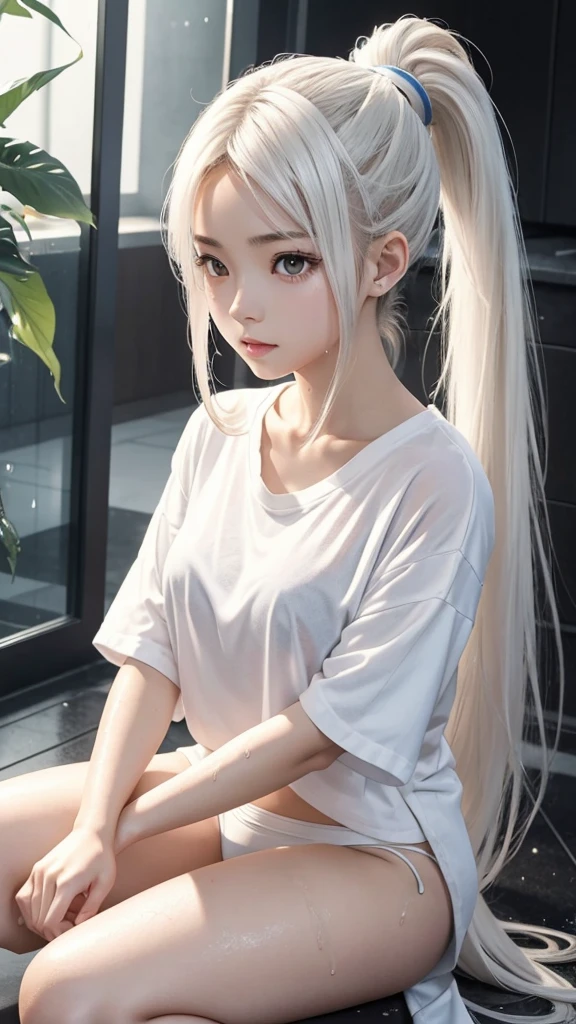 an anime young woman,on hand and knees, wet white Tshirt,long hair, ponytail, white panties