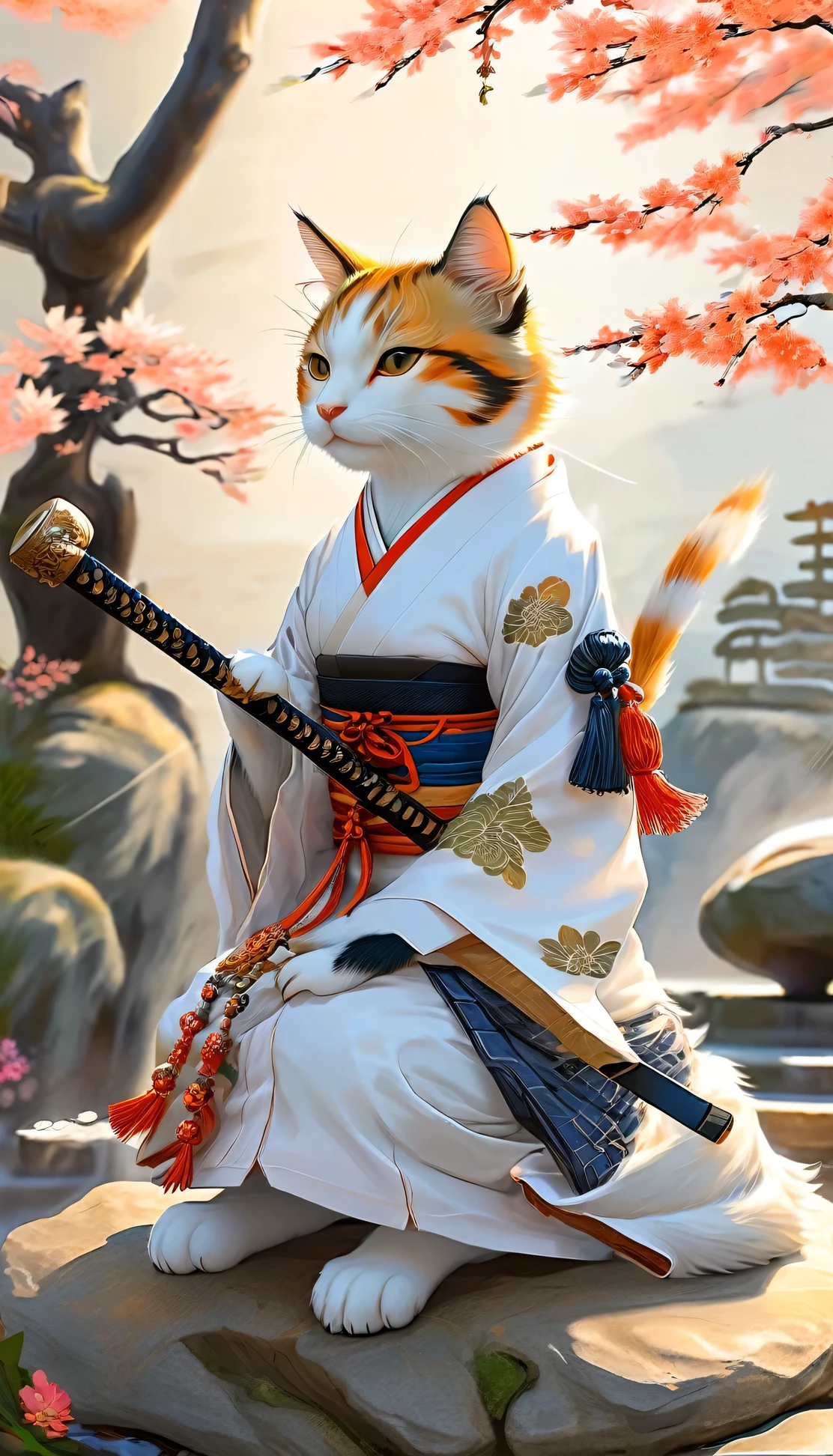 A picture of a cat wearing a kimono, sitting on a stone, warrior cat, Anthropomorphic cat ninja, feudal japan art, holding a naginata, Inspired by Koson Ohara, Tabaqui the Monk, Very very beautiful furry art, The fox and the bush, warrior, Japanese art style