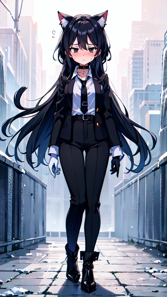 18-year-old girl，cute，Wear a white long-sleeved shirt and a black jacket and a black work tie，Wear black trousers，Wear black booties，Wear white gloves，wear cat ear，Wearing a collar，Black hair，Black eyes，Very thin waist，Very thin legs，Handsome，Disdainful and cold expression，shy，blush，scared，Sweating，tired，pornography，porn action