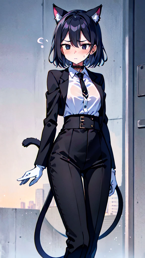 18-year-old girl，cute，Wear a white long-sleeved shirt and a black jacket and a black work tie，Wear black trousers，Wear black booties，Wear white gloves，wear cat ear，Wearing a collar，Black hair，Black eyes，Very thin waist，Very thin legs，Handsome，Disdainful and cold expression，shy，blush，scared，Sweating，tired，pornography，porn action