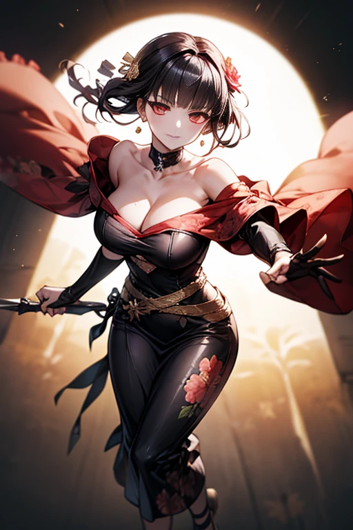 yor briar, anime style beutiful woman, 1girl,fullbody, happy, smile, red face, closed mouth, beautiful detailed eyes, super detailed skin, backlighting, bare shoulders, black background, black dress, black gloves, black hair, breasts, dress, earrings, fingerless gloves, floating hair, floral print, flower, gloves, gold earrings, gold hairband, hair flower, hair ornament, hairband, holding, holding weapon, jewelry, large breasts, long hair, looking at viewer, off-shoulder dress, off shoulder,red eyes, short hair with long locks, sidelocks, solo, spikes, thighs, two-sided dress, two-sided fabric, weapon, fighting stance , face, close up, from above, highest quality, high resolution.