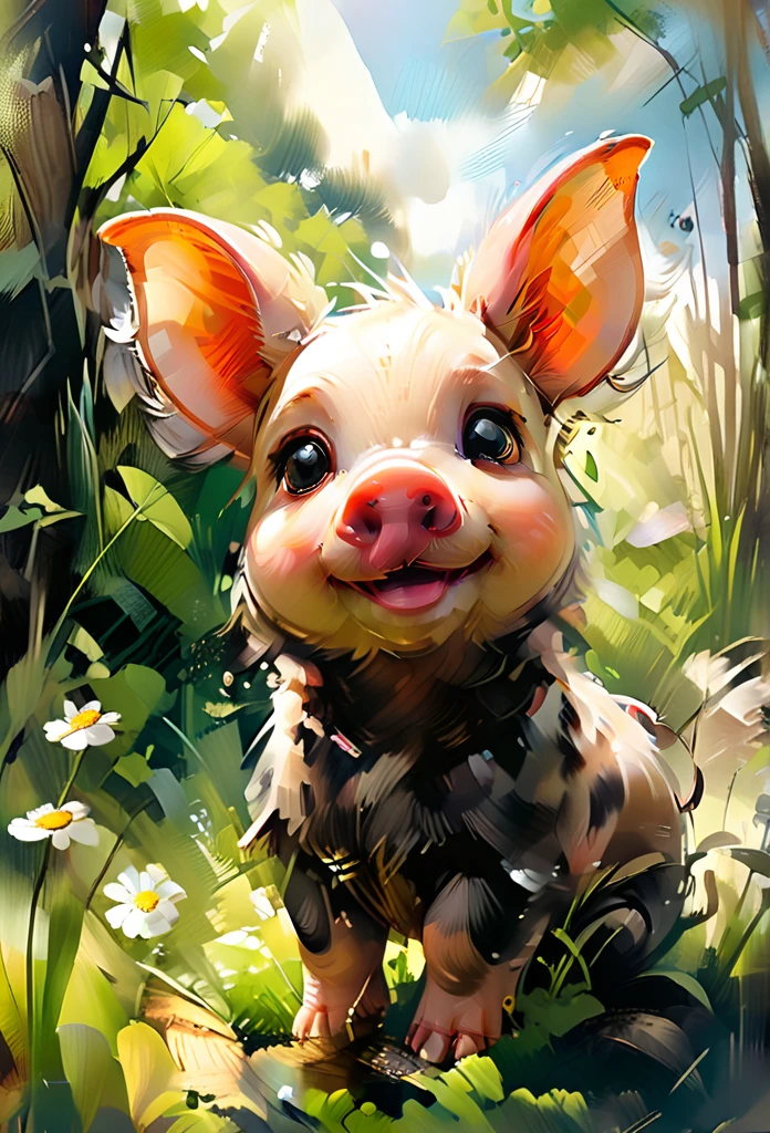 Masterpiece Illustration, high quality, high resolution 16k, a painting of a dady pig with a smile on it's face,Looking at the camera, (fisheye camera ) zhibi, funy cartoon, computer graphics, oil painting, little pig With big ears sitting on a Sunny meadow, Smooth skin, trend in Art Station, playful smile, 🍁 cute, inspired by Ruben Tam, very cute facial features, , small in size, long pointed ears, artistic style, oil and watercolor painting