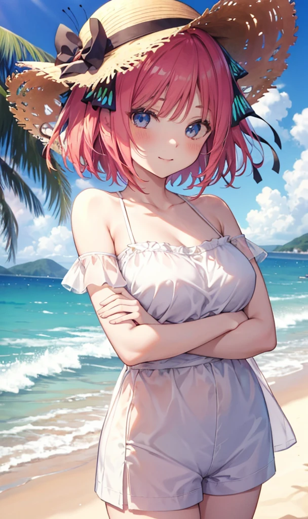 Nino Nakano is a character that appears in the anime "The Quintessential Quintuplets" 「The background is a sunny day at the sandy beach...」The eyes of this character are blue. My hairstyle is a bob cut with shockingpink color. This character is wearing a butterfly hair accessory. Please focus on this character. This character has a very lovely smile.high Quality. .. masterpiece,best quality,ultra detailed, My breast size is D cup. The background is a sunny day at the sandy beach. This character is wearing short pants and a camisole top. The short pants are black and the camisole top is a light blue color. Additionally, a glimpse of cleavage can be seen.

I am wearing a straw hat and crossing my arms behind my back.