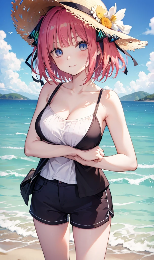 Nino Nakano is a character that appears in the anime "The Quintessential Quintuplets" 「The background is a sunny day at the sandy beach...」The eyes of this character are blue. My hairstyle is a bob cut with shockingpink color. This character is wearing a butterfly hair accessory. Please focus on this character. This character has a very lovely smile.high Quality. .. masterpiece,best quality,ultra detailed, My breast size is D cup. The background is a sunny day at the sandy beach. This character is wearing short pants and a camisole top. The short pants are black and the camisole top is a light blue color. Additionally, a glimpse of cleavage can be seen.
I am wearing a straw hat and crossing my arms behind my back.