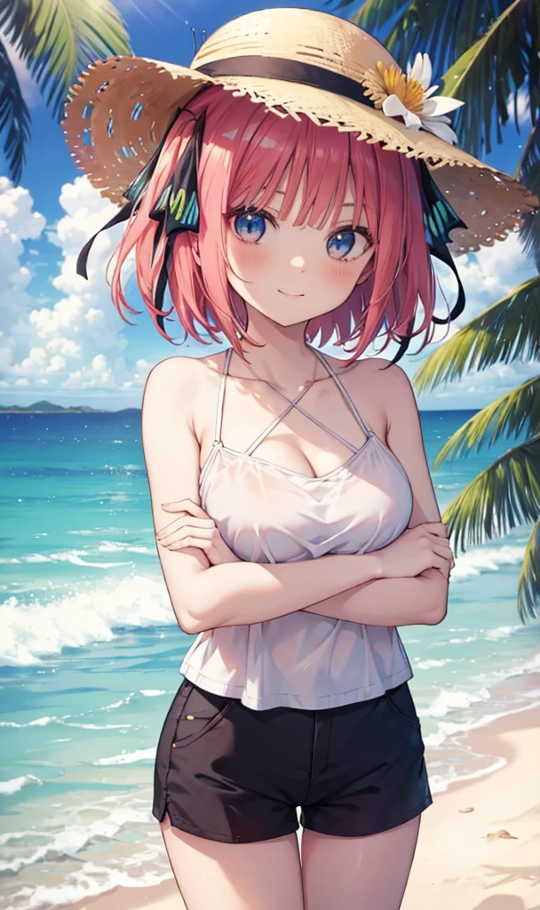 Nino Nakano is a character that appears in the anime "The Quintessential Quintuplets" 「The background is a sunny day at the sandy beach...」The eyes of this character are blue. My hairstyle is a bob cut with shockingpink color. This character is wearing a butterfly hair accessory. Please focus on this character. This character has a very lovely smile.high Quality. .. masterpiece,best quality,ultra detailed, My breast size is D cup. The background is a sunny day at the sandy beach. This character is wearing wide pants and a camisole top. The wide pants are black and the camisole top is a light blue color. Additionally, a glimpse of cleavage can be seen.
