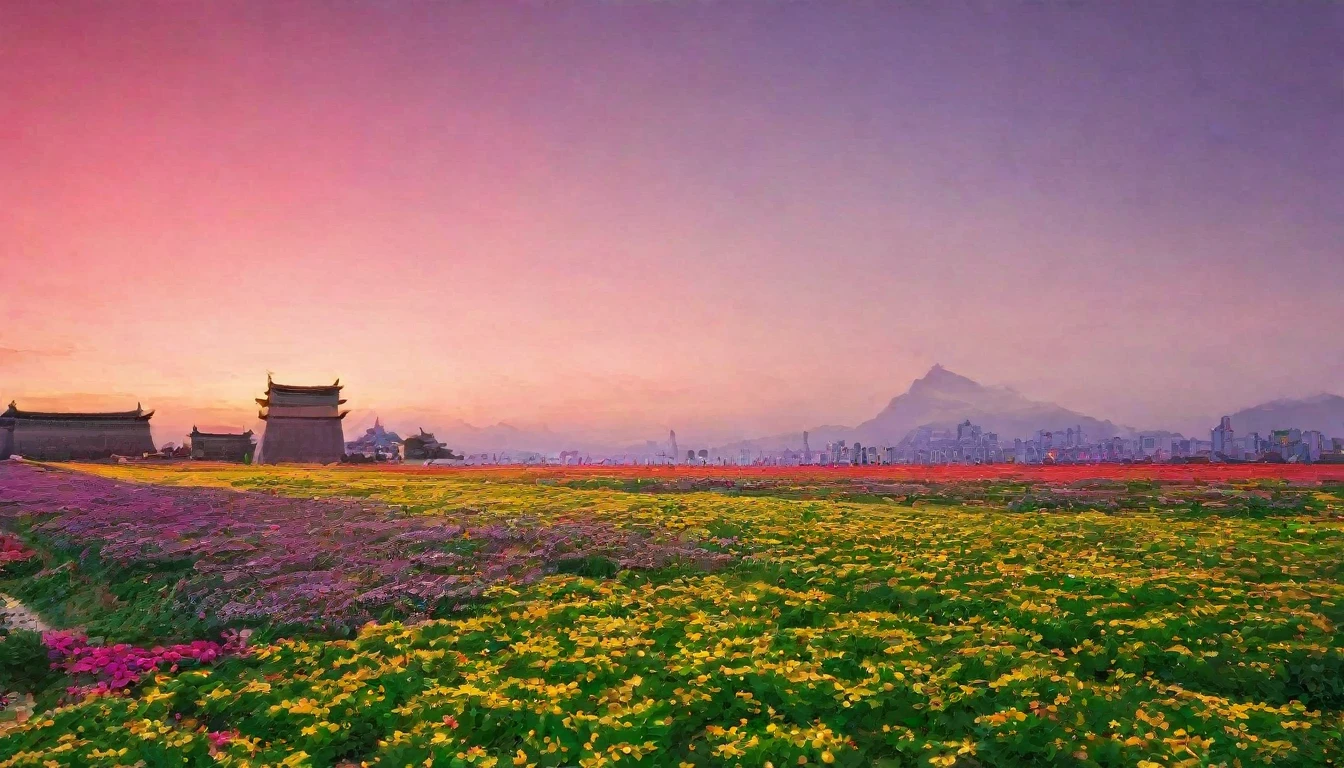 快晴のgreen空の下、A field of colorful flowers spreading out。Fluorescent flowers々Shines、The path leads to a magnificent walled city in the distance。The flower field is red、green、yellow、Pink and other colors々Full of colorful、Creates a fantastic atmosphere。The walled city stands in the distance、その壮麗な姿がgreen空に映える。Fluffy white clouds float in the sky、It adds a calm and dreamy element to the overall landscape.。