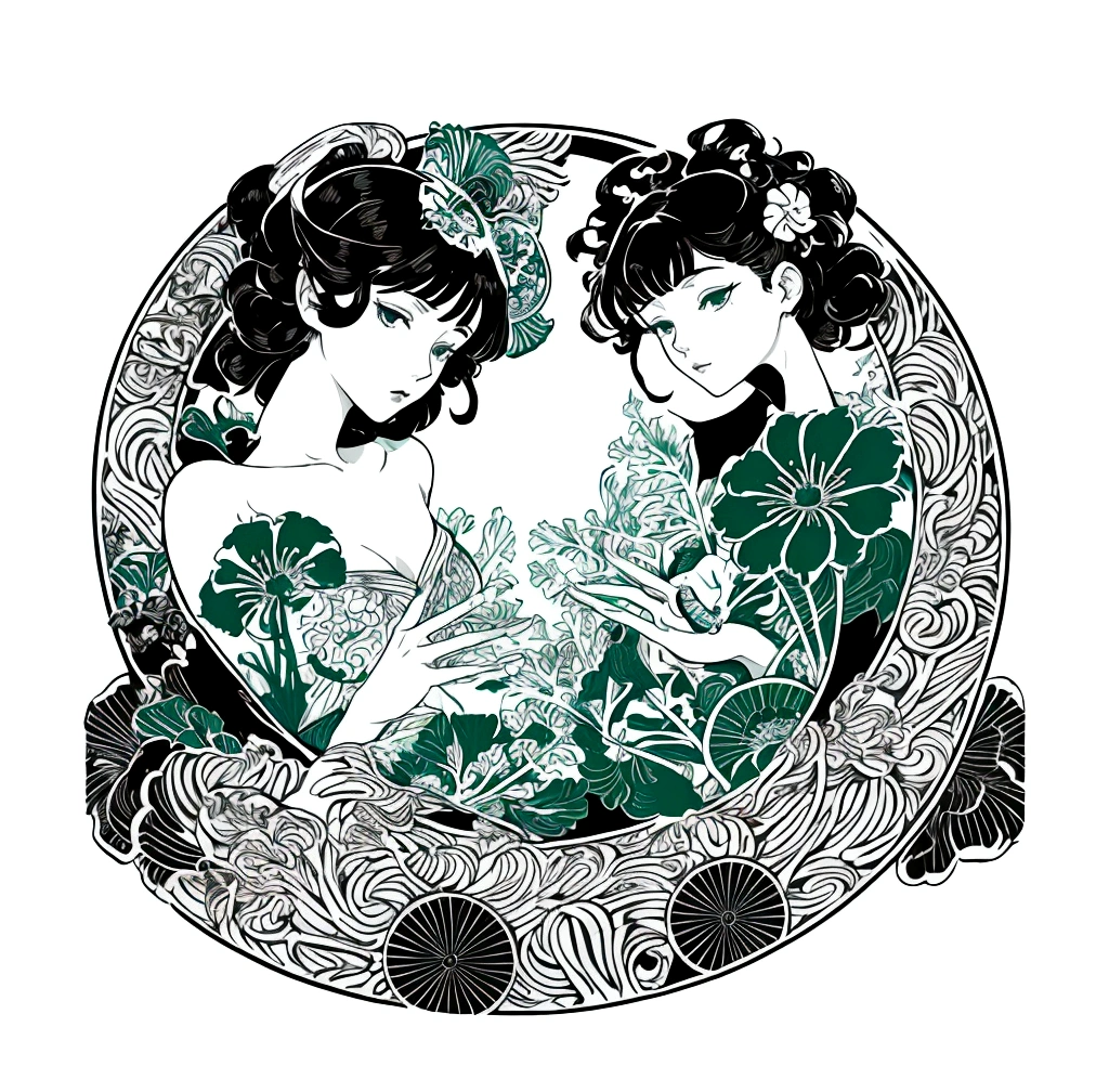 kamon, round logo, round sign,round frame,round circle, circular, erstelle mir in grösse der fläche auf weissem hintergrund ein japanisches circulares siegel kamon,an indigo-green circle with a leaf pattern in the middle showing 3 gingko leaves growing towards each other with Japanese finger waves reaching into the gaps,inspired by alphonse mucha, flat illustration, sticker