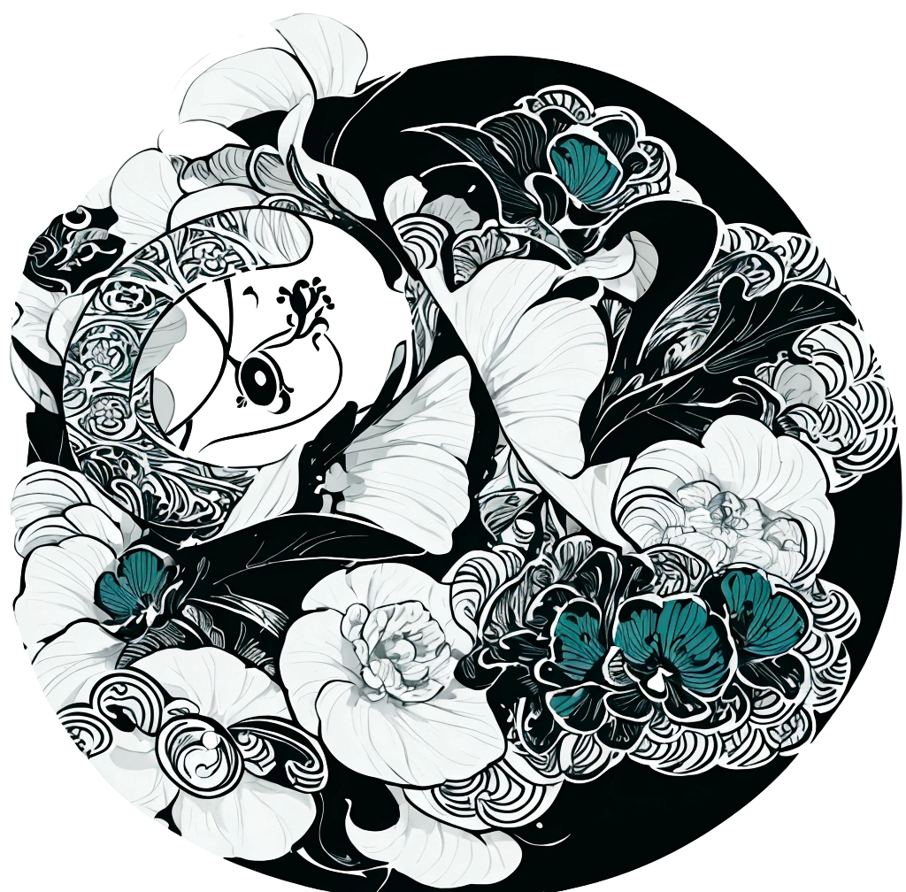 kamon, round logo, round sign,round frame,round circle, circular, erstelle mir in grösse der fläche auf weissem hintergrund ein japanisches circulares siegel kamon,an indigo-green circle with a leaf pattern in the middle showing 3 gingko leaves growing towards each other with Japanese finger waves reaching into the gaps,inspired by alphonse mucha, flat illustration, sticker