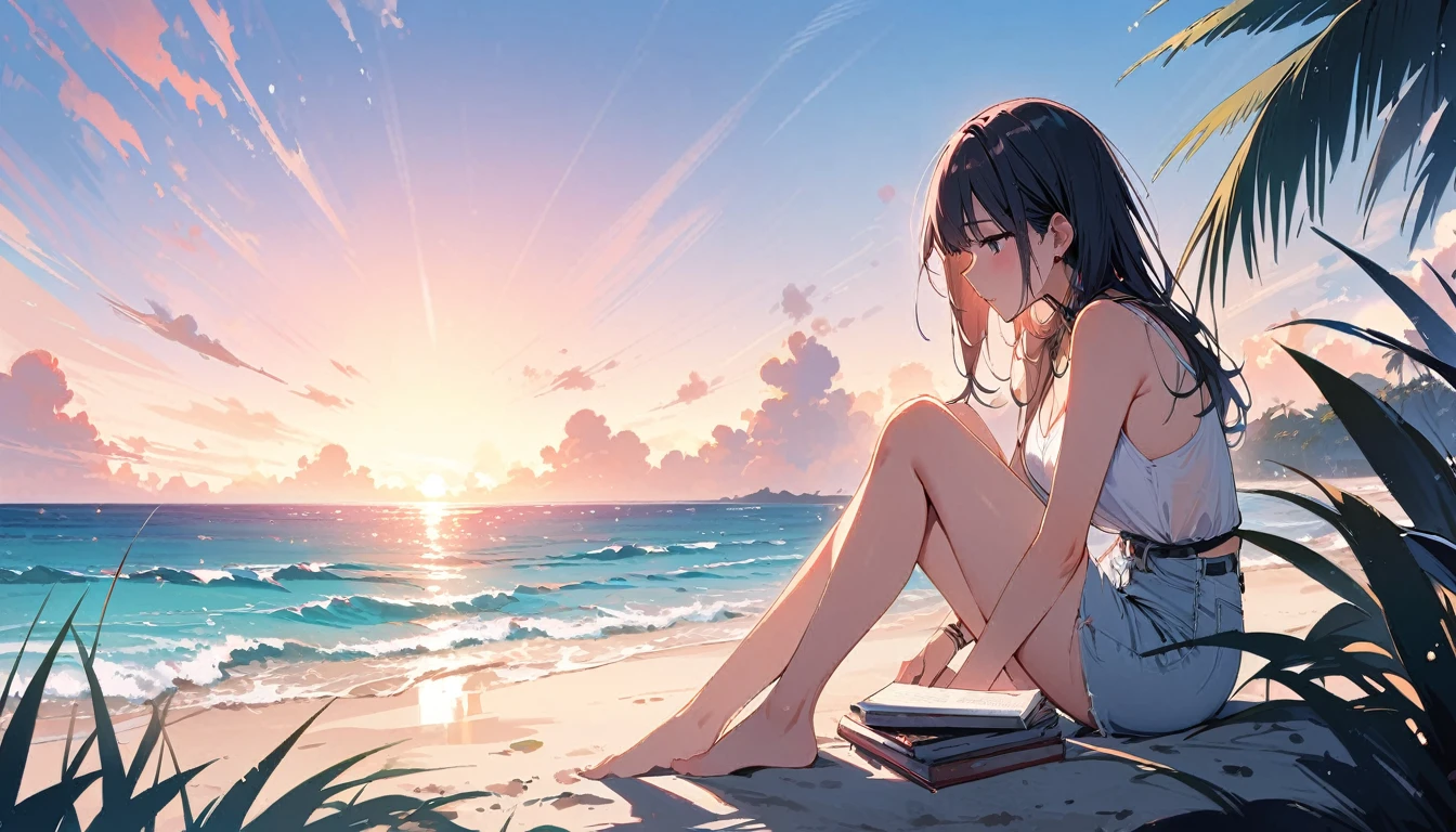 (masterpiece, Highest quality:1.2), 1 Girl, alone,Eyes open,I have a book,Tropical atmosphere,Ocean