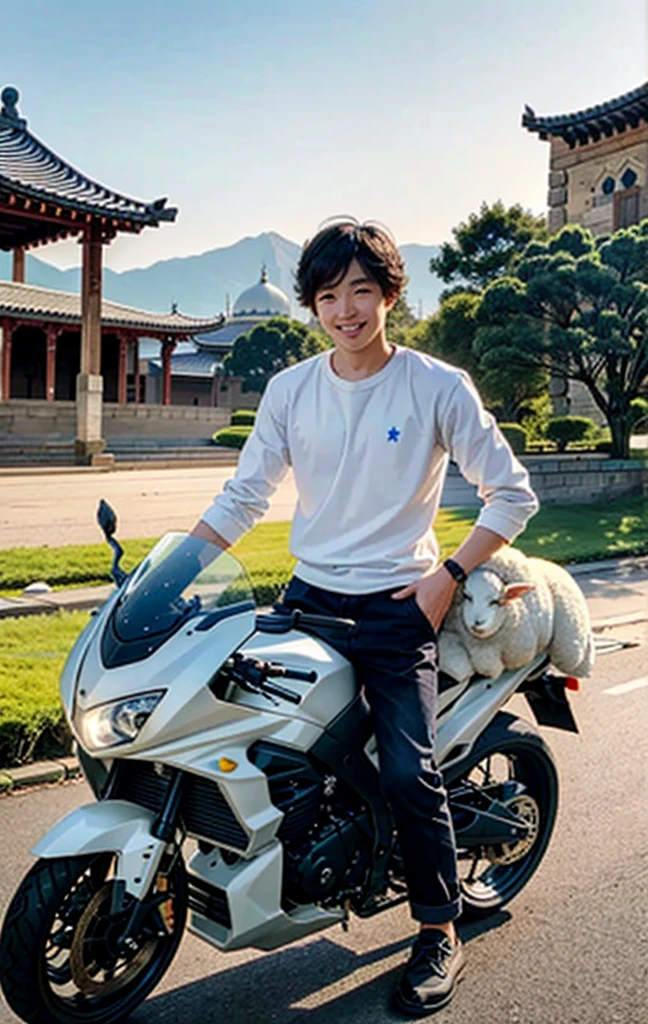 Detailed photo of a young man with short, slightly messy hair and asian skin, riding a motorbike carrying a fat sheep with a wide, cheerful smile, with a mosque in the background in the cool morning, there is a sacrificial day event