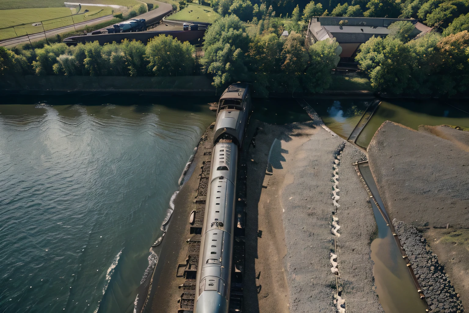 view of the train on the track by the river, photograph from above, Photo taken from above, aerial photography from a drone, photo taken from afar, high quality photo, The photo shows a large, Trains in the background, view from above, aerial view from above, Railway tracks lead from the mine, Wide-angle shot from above, photo from above