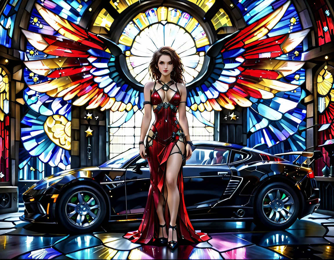 Arafed a ((stained glass artwork picture:1.5)) stained-glass, of a (mech cyberpunk female angel: 1.2) standing in at the street at night near her sports car, night, an exquisite beautiful cyberpunk female angel wearing dark dress, wearing ((intricate mech glamour red evening dress: 1.3)), dress has miniscule mech parts, high tech parts, (white angelic wings: 1.2), spread angelic wings, halo over the head, small cleavage, wearing intricate diamond necklace, wearing elegant high heeled boots, dynamic eye color, dynamic hair color, dynamic hair style, standing near her (sports car: 1.3), cyberpunk street t background at night, moon light and stars, , full body shot, (Masterpiece: 1.5), Vibrant, Ultra-high resolution, High Contrast, masterpiece:1.2, highest quality, Best aesthetics), best details, best quality, highres, ultra wide angle, 16k, [ultra detailed], masterpiece, best quality, (extremely detailed), Mechanicus, intense gaze, stained-glass