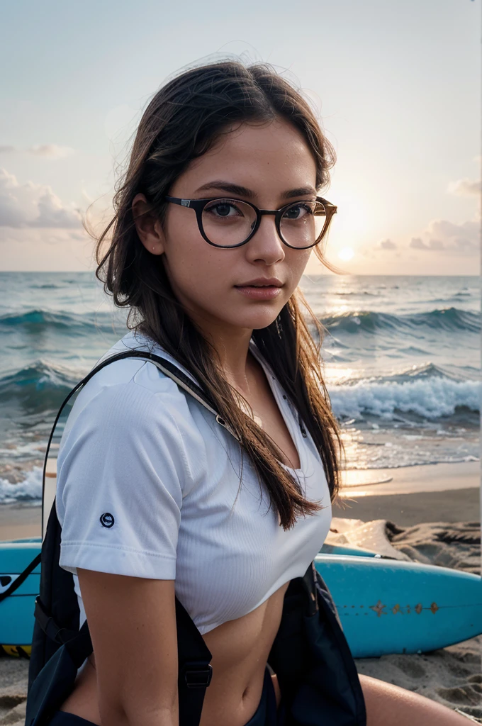 A girl surfing on ocean waves, wearing frameless eyeglasses. Her face is filled with thrill and excitement, with beautifully detailed eyes and strikingly detailed lips. Her face and portrait are extremely detailed, with long eyelashes that highlight her adventurous personality and intelligent look. The lighting is dramatic, with warm color tones that enhance the realistic, photorealistic depiction. She is shown full-size, balancing expertly on her surfboard with a backpack resting on the shore in the background.