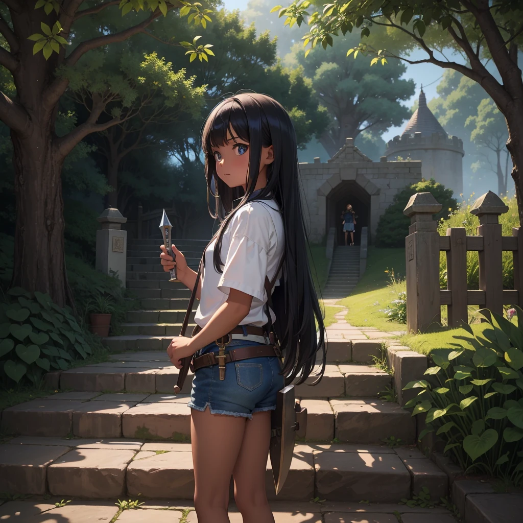 最high quality、high quality、Simple clothing from the Middle Ages、１０Year old girl adventurer、Climb the maze stairs、Shorts、Equipped with a dagger and a shield、In a dark maze