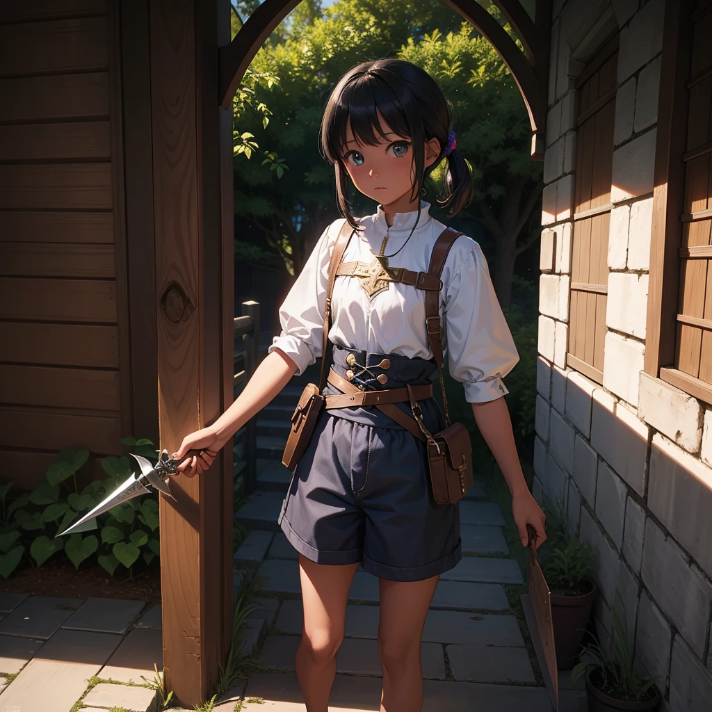 highly detailed, full body, ((1girl)), solo, smile, blush, outdoors, day, simple background, blue sky, sky, temple, looking at viewer, stairs, mountain, moody lighting, facing viewer, full body view, aamumei, ((((short hair:1.2, bob cut:1.2)))), ahoge, multicolored hair, ((feather hair ornament)), hairclip, white shirt, brown corset, dagger, belt, red skirt, thigh strap, single kneehigh, single thighhighs, brown cloak, cape, capelet, brown bow, (((((rapier)))))
