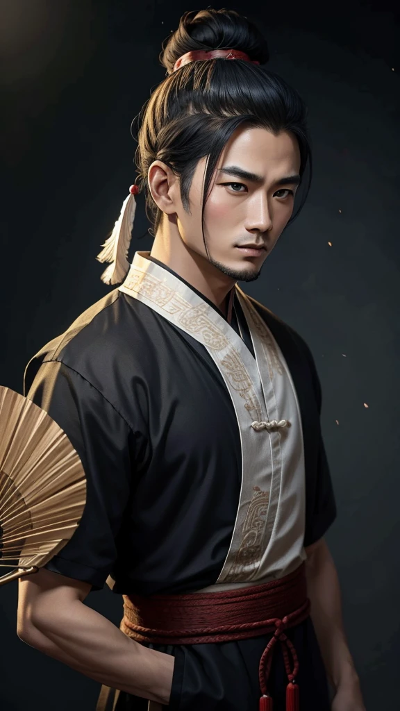 Oriental、Man in simple ancient Chinese costume、ancient chinese hairstyle male、Highest quality、masterpiece、Ultra-high resolution、(Realistic:1.4)、Game Poster、Crisp and beautiful image quality,Embroidered cloth wrapped around a topknot、Feather fan、Black clothes、