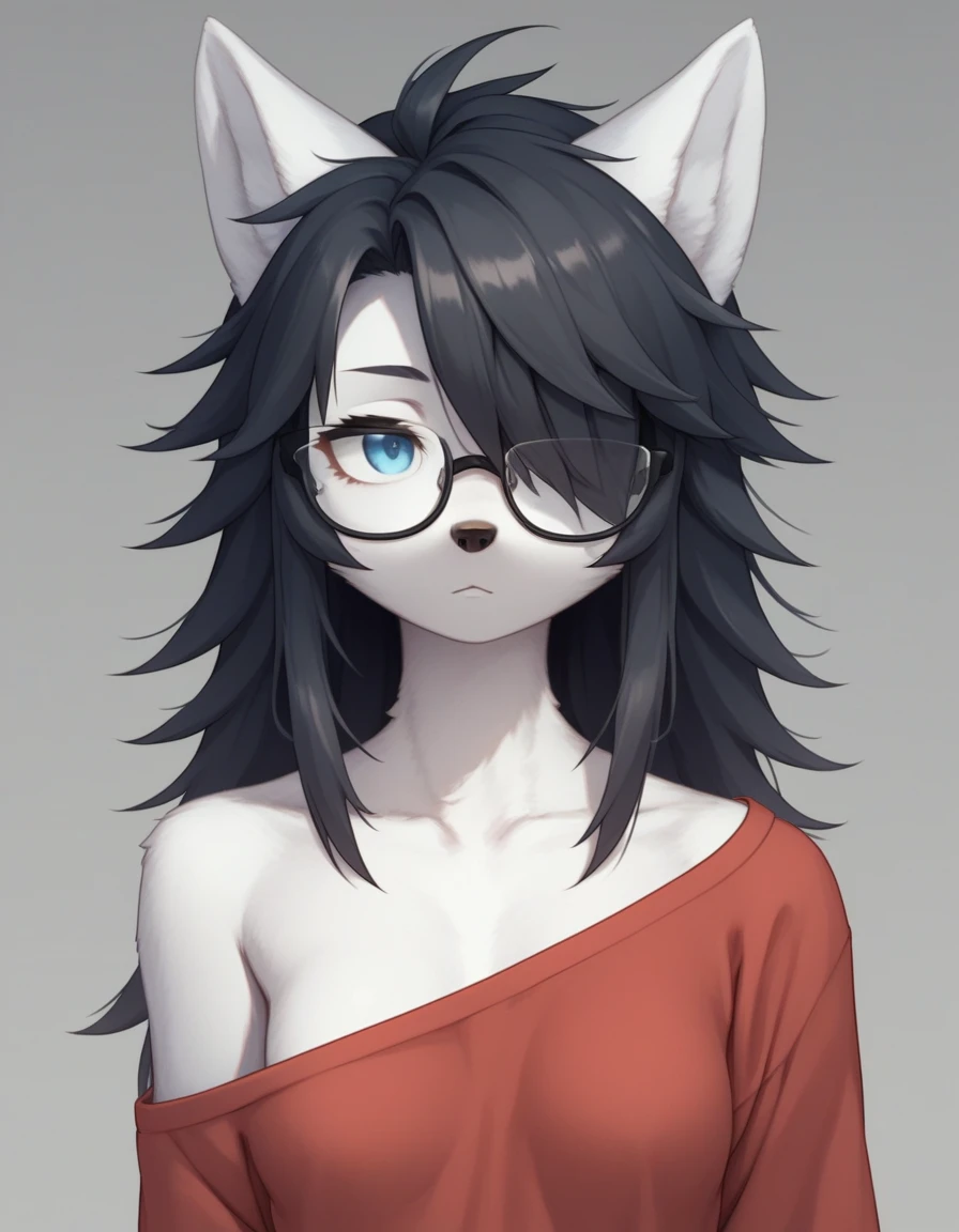 Solo, score_9,score_8_up,score_7_up, kemono style,  a young nerdy Anthro furry wolf woman, wolf snout, white furry body, tall, long black messy hair, black hair, hair in a pony tail, hair covering one eye, white wolf tail, blue eyes, white wolf ears, white wolf tail, small breasts, wearing oversized red shirt, exposed shoulder, black square thick rimmed glasses, portrait, close up, expressionless