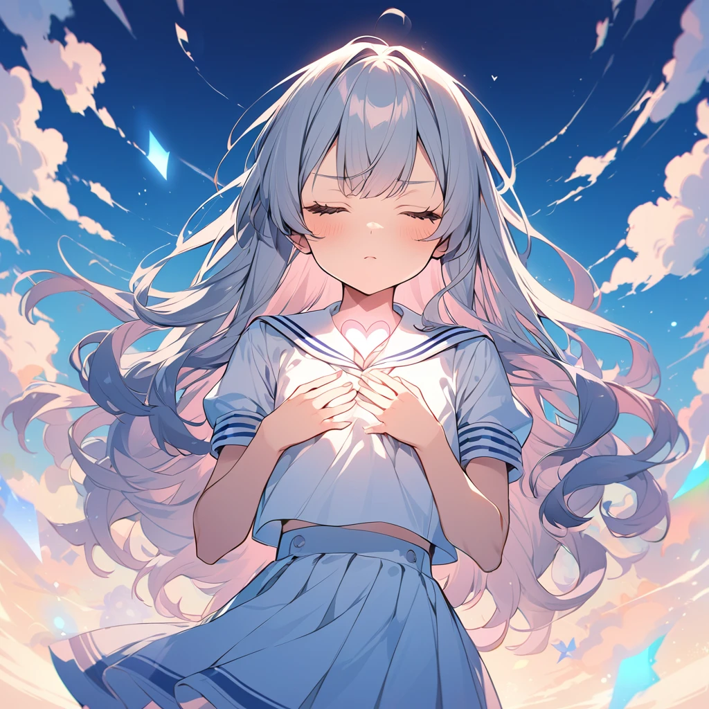 BREAK Perfect Anatomy,(High resolution:1.2),Incredible illustrations(Cute illustrations:1.2)(Beautiful background,blue sky、Colorful flowers)1gial((multicolored hair,wavy long hair)closed eyes,serious (sailor uniform),(a girl,tall, height 1.5meters, 40kg),,17-year-old,flat chest)A pensive girl with her hands on her chest(Heart light in your hand)