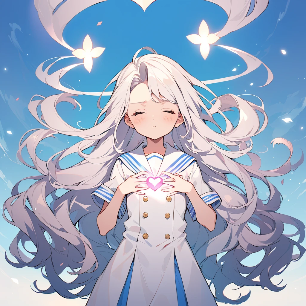 BREAK Perfect Anatomy,(High resolution:1.2),Incredible illustrations(Cute illustrations:1.2)(Beautiful background,blue sky、Colorful flowers:1.5)1gial((multicolored hair,wavy long hair)closed eyes,serious (sailor uniform),(a girl,tall, height 1.5meters, 40kg),,17-year-old,flat chest)A pensive girl with her hands on her chest(Heart light in your hand)