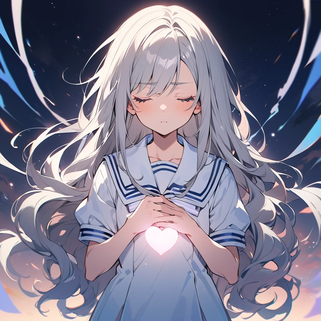 BREAK Perfect Anatomy,(High resolution:1.2),Incredible illustrations(Cute illustrations:1.2)（Beautiful background,blue sky、Colorful flowers:1.5）1gial((multicolored hair,wavy long hair)closed eyes,serious (sailor uniform),(a girl,tall, height 1.5meters, 40kg),,17-year-old,flat chest）A pensive girl with her hands on her chest(Heart light in your hand)