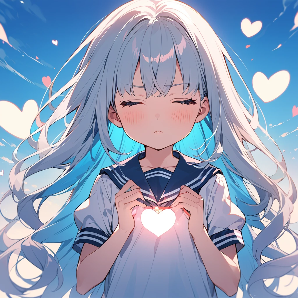 <lora:TB(type-s)_XL_v1.0:1>,blue_streaked_hair,hair_over_one_eye, blue_eyes,very long hair,braid,white hair_ornament,white skin,black nail_polish, solo, large breasts,aged down,light blue cardigan, serafuku, white pleated skirt, ;d,valentine,A girl holding chocolate in her hands, happy, looking at viewer, pov,outdoors,, masterpiece, best quality,
