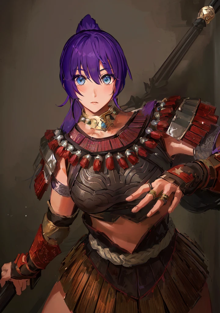 Anime style image of a woman with purple hair and a spear, Wearing Hunter armor, Armor Girl, wearing monster hunter armor, A very beautiful berserker woman, wearing dark epic rpg portrait, Wearing a shining breastplate, Portrait Ninja Gaiden Girl, With scaly armor, Purple Armor,Dark skin,Black Leather,Good shape,Huge breasts,Three Kingdoms志。Three Kingdoms无双,Three Kingdoms,antiquity,Chinese style,Female generals,Blue Eyes,A little cute