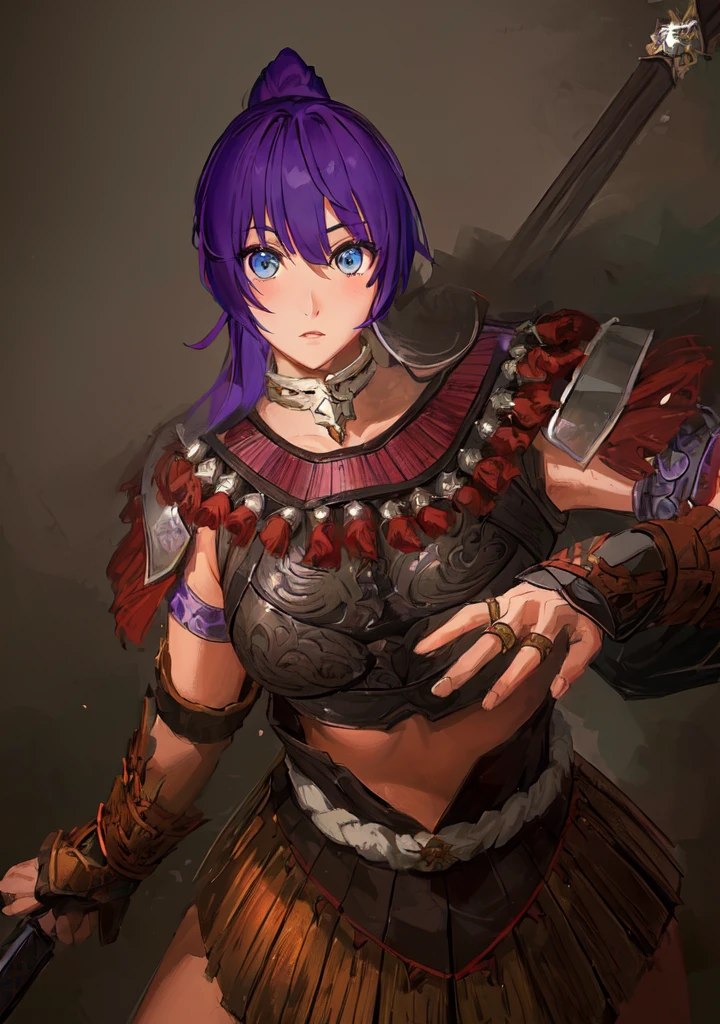 Anime style image of a woman with purple hair and a spear, As a powerful monster hunter, wearing monster hunter armor, Armor Girl, wearing monster hunter armor, A very beautiful berserker woman, wearing dark Purple Armor, Morrigan, Epic RPG portrait, Wearing a shining breastplate, Portrait Ninja Gaiden Girl, With scaly armor, Purple Armor，Dark skin，Black Leather，Good shape，Huge breasts，Three Kingdoms志。Three Kingdoms无双，Three Kingdoms，，antiquity，Chinese style，Female generals