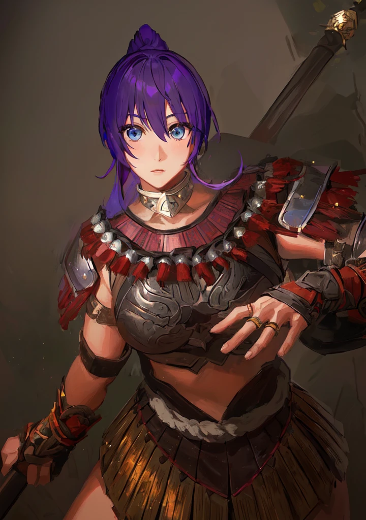 Anime style image of a woman with purple hair and a spear, Wearing Hunter armor, Armor Girl, wearing monster hunter armor, A very beautiful berserker woman, wearing dark epic rpg portrait, Wearing a shining breastplate, Portrait Ninja Gaiden Girl, With scaly armor, Purple Armor,Dark skin,Black Leather,Good shape,Huge breasts,Three Kingdoms志。Three Kingdoms无双,Three Kingdoms,antiquity,Chinese style,Female generals,Blue Eyes,A little cute